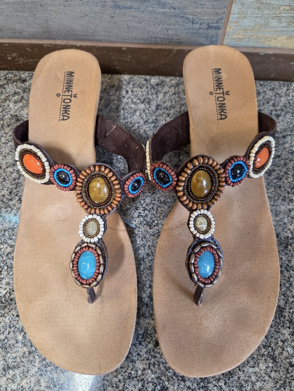 Minnetonka Brown Beaded T-Strap Sandals with Turquoise & Orange Accents